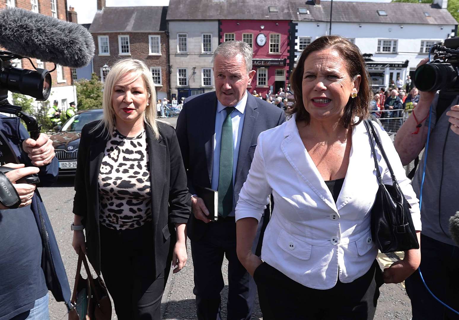 Michelle O’Neill, Conor Murphy and Mary Lou McDonald arrive at Hillsborough Castle (Liam McBurney/PA)