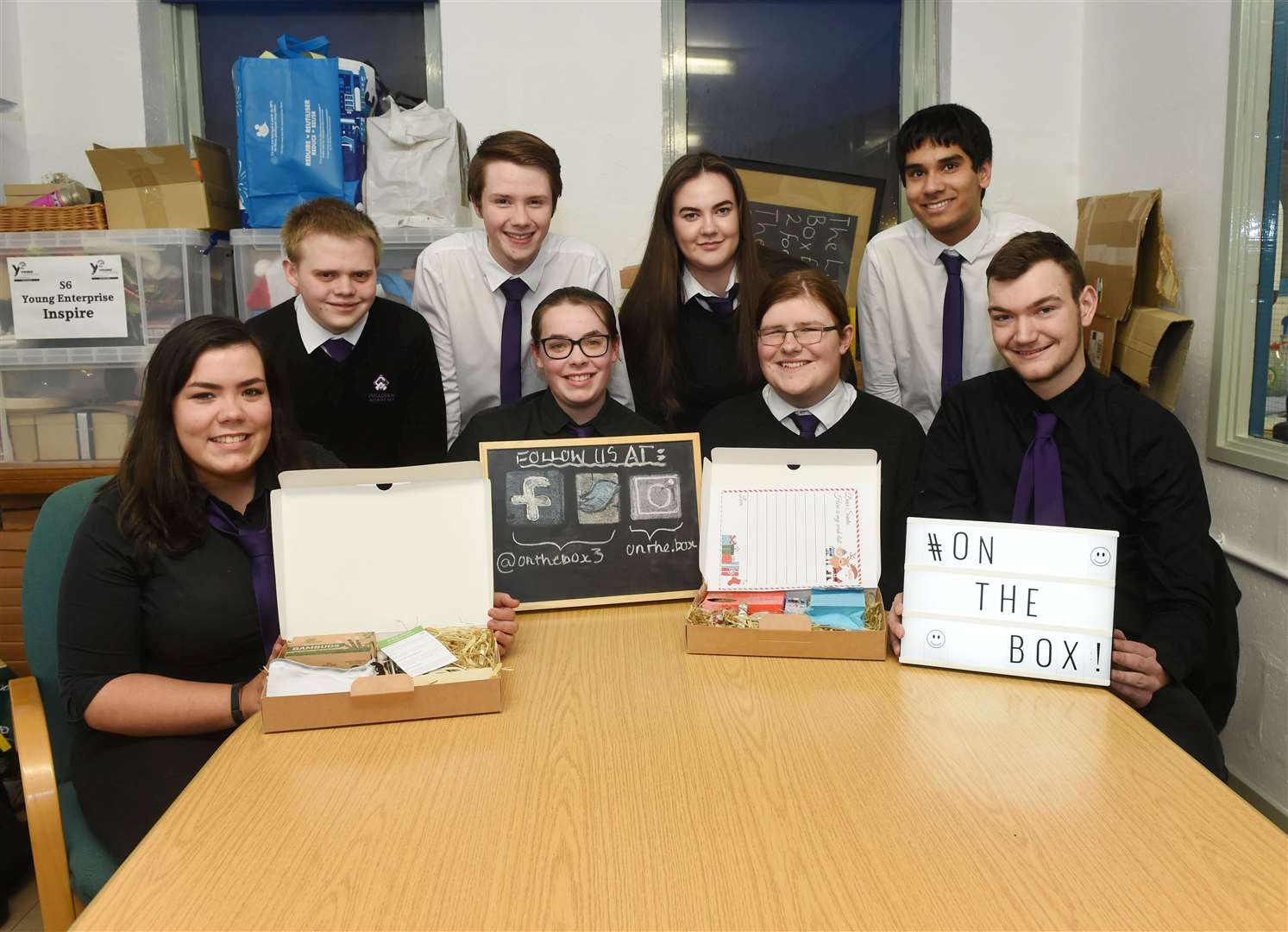 Young entrepreneurs and Culloden Academy - On The Box...(back, left to right) Gary MacLennan, Craig Weir, Dominika Styczen, Jamal Qureshi, (front, left to right) Danielle McLennand, Abi McLelland, Fin Russell, Niall Fyfe,..Picture: Callum Mackay..