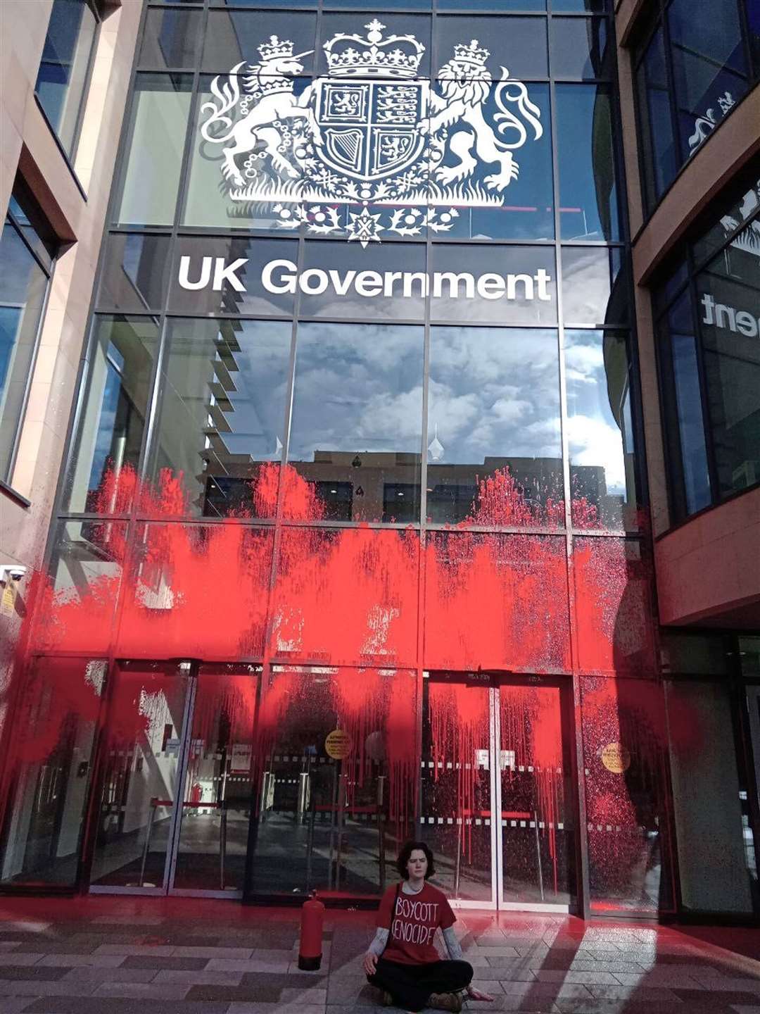 Handout photo issued by This is Rigged of Queen Elizabeth house, the UK Government offices in Edinburgh, after its campaigners sprayed red paint in protest against Israel’s military action in Gaza (This Is Rigged/PA).