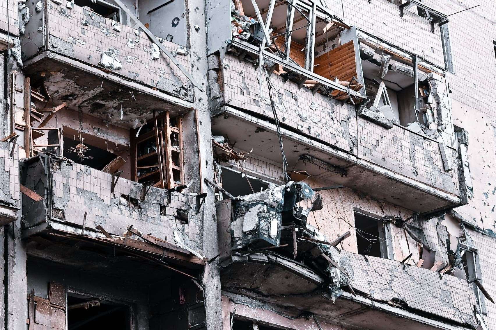 Damage to property in Kyiv, Ukraine, caused by an explosion during Russia’s invasion of Ukraine day after Russia invaded Ukraine (Maia Mikhaluk/PA)