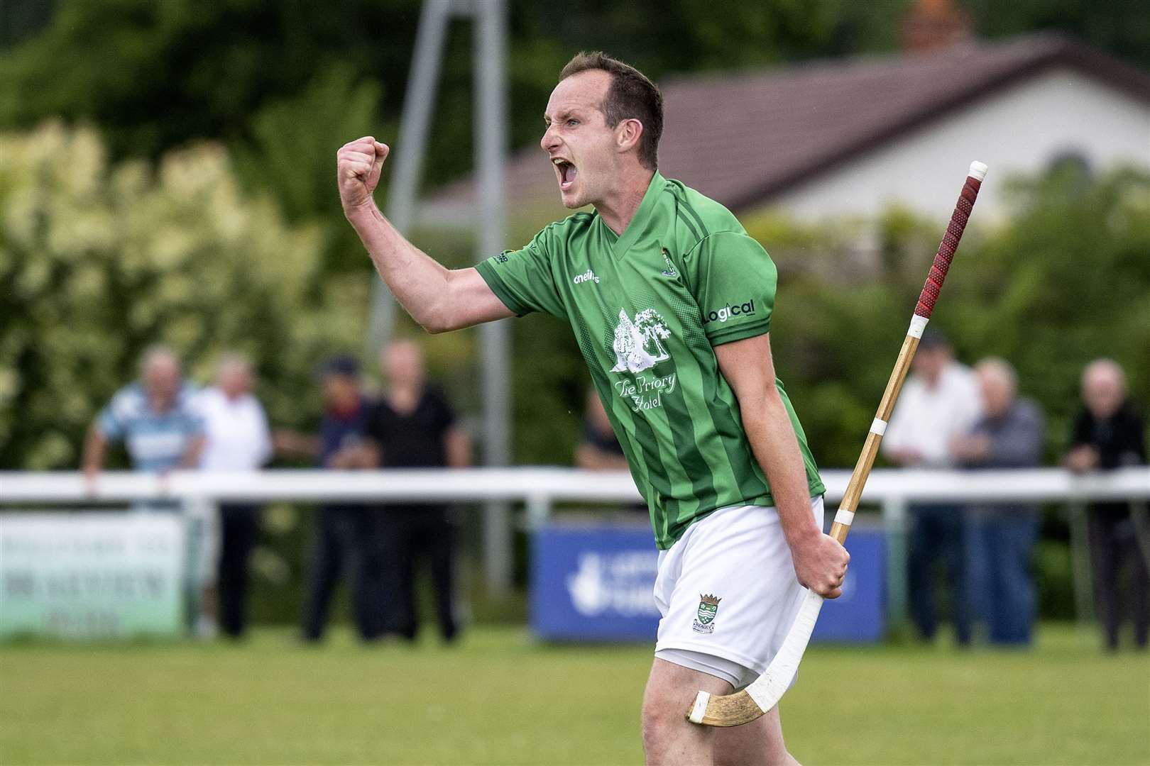 Beauly's David MacLean celebrates on the final whistle. Beauly v Skye Camanachd in the quarter final of the Ferguson Transport Balliemore Cup, played at Braeview, Beauly.