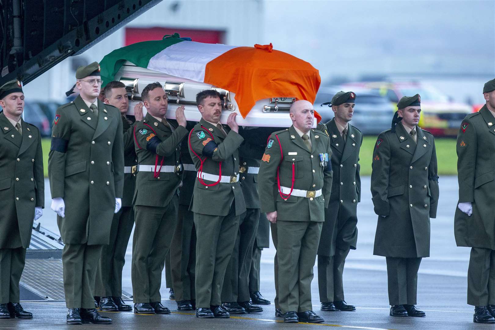 The body of Irish UN peacekeeping soldier Sean Rooney arriving at Casement Aerodrome, Baldonnel, on the outskirts of Dublin after being repatriated from Lebanon (Tom Honan/PA)