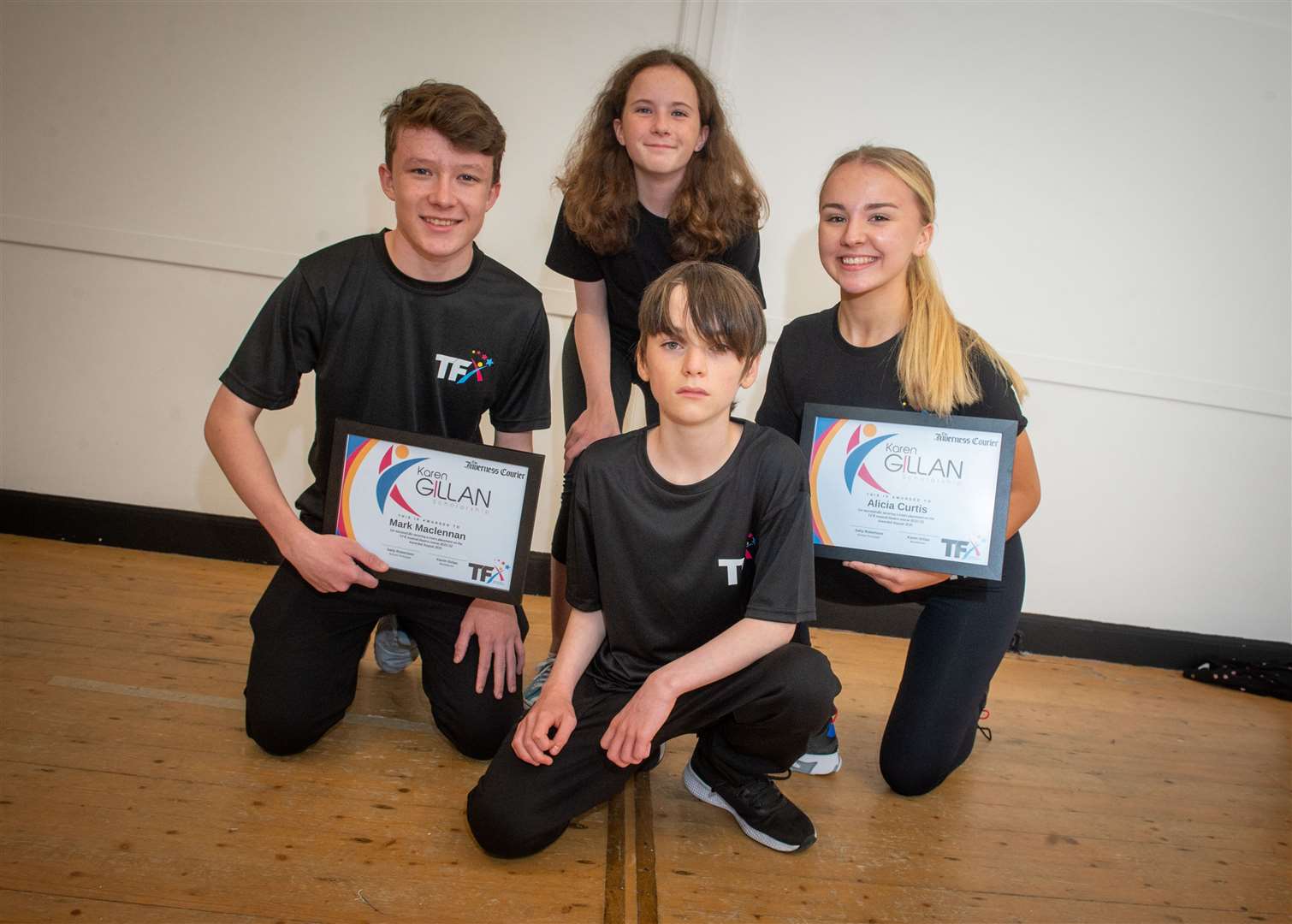 TFX competition winners with their certificates, Old Hall, Inverness...Mark Maclennan, Molly Newell, Alicia Curtis and Spike Coates (front)...Picture: Callum Mackay..