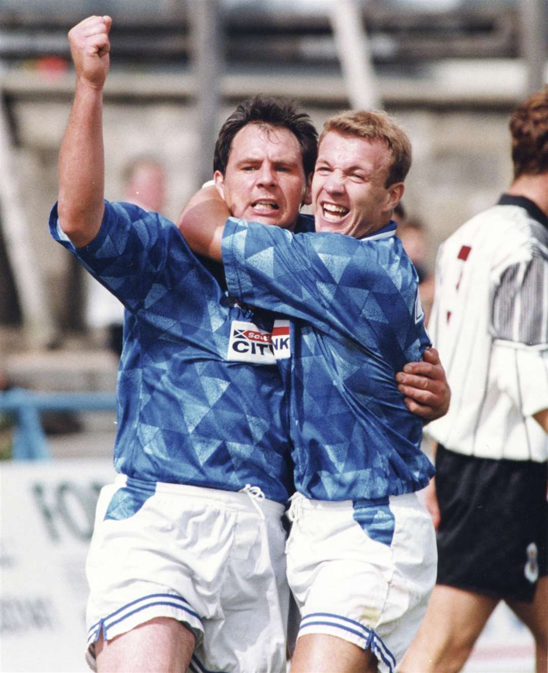 The late, great Alan Hercher (left) celebrates the club's first ever league goal with defender Mark McAllister as they beat Arbroath 5-2 in their debut outing in Scotland's Third Division. McAllister would later net the first Scottish Cup goal for the club.