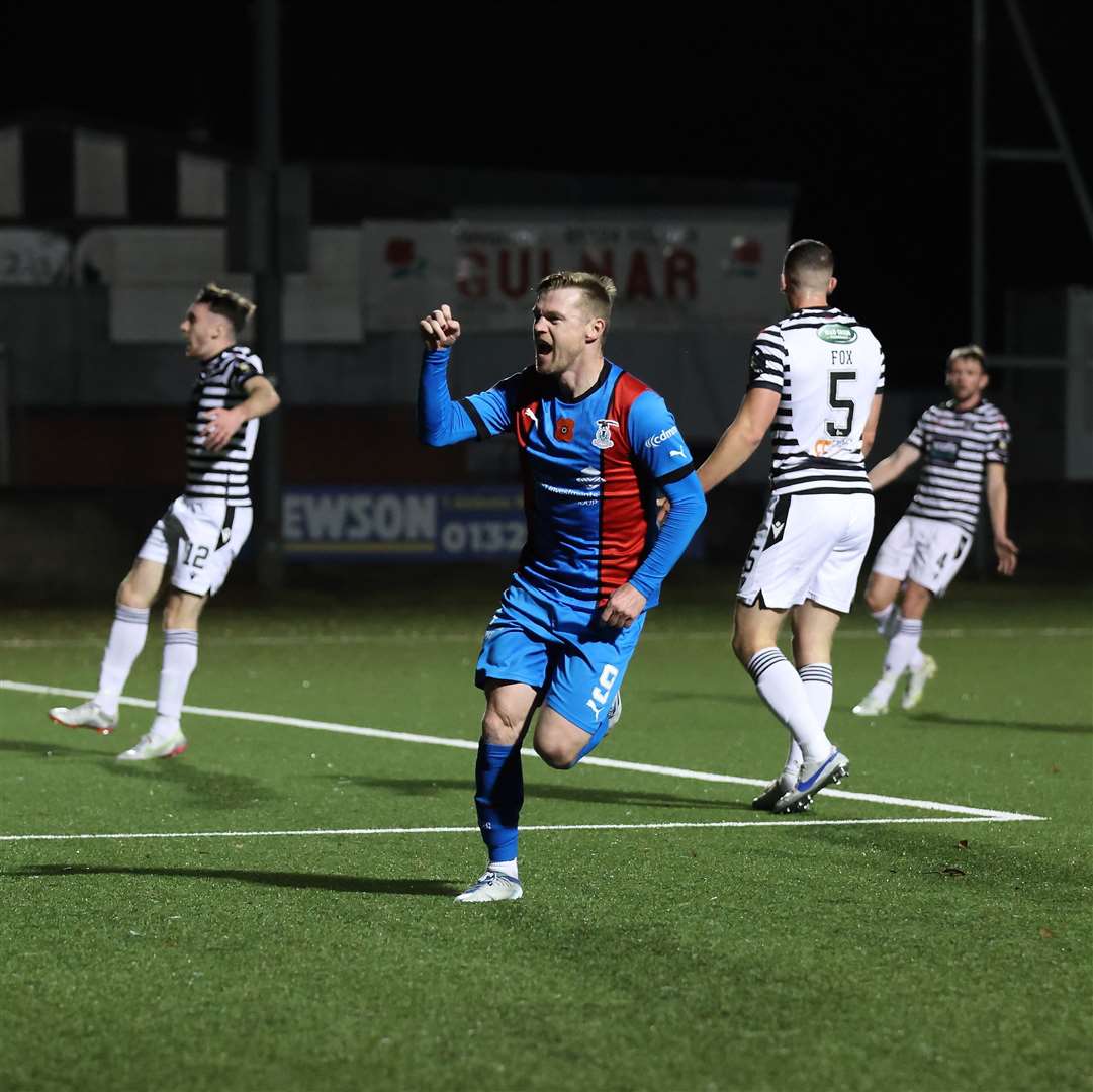Caley Thistle top scorer Billy Mckay celebrates the opening goal against Queen’s Park. Picture: Ken Macpherson