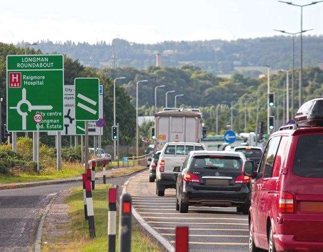 Sounthbound traffic on the A9 queues at the Longman roundabout.