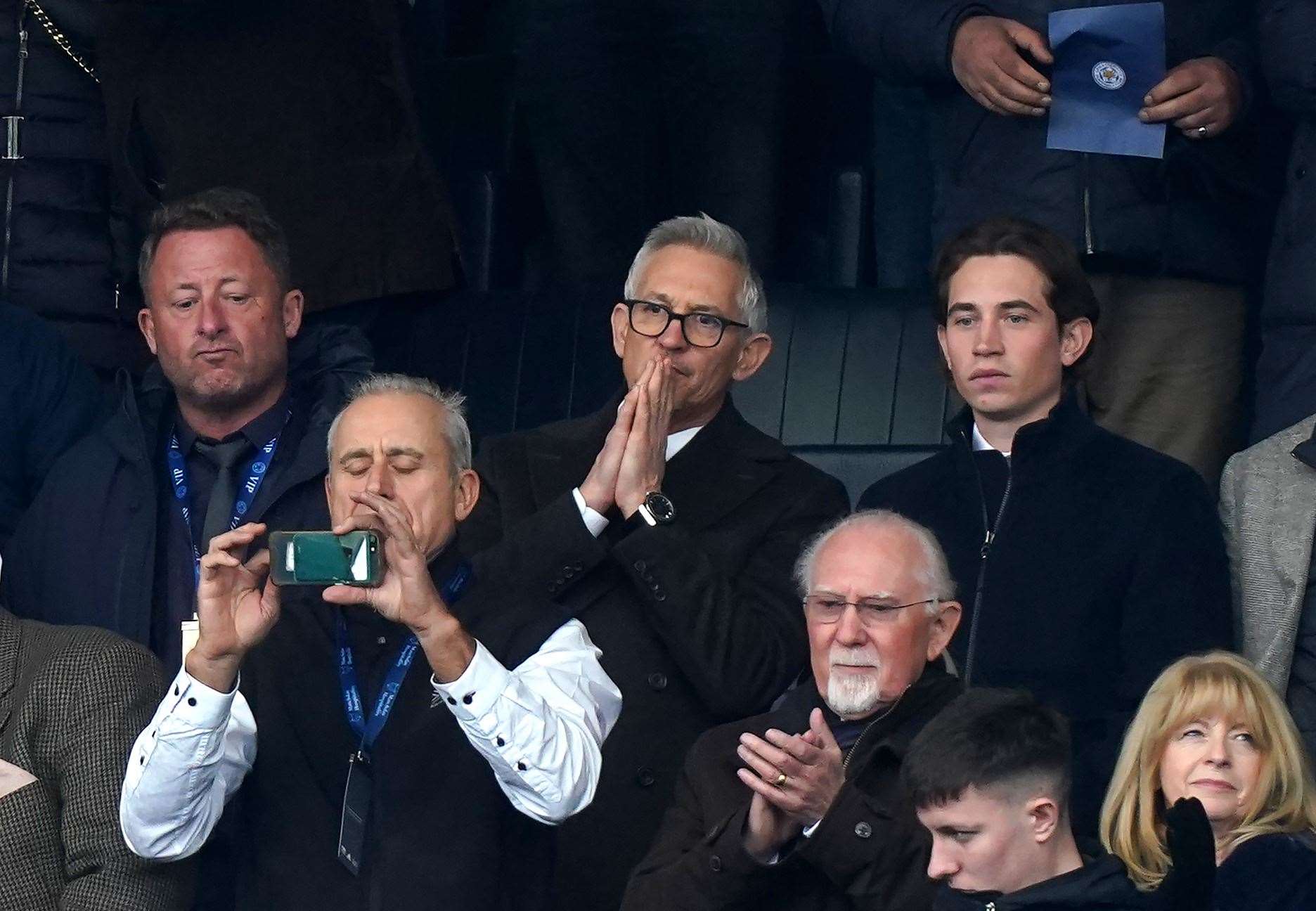 Gary Lineker reacts in the stands during the Premier League match at the King Power Stadium, Leicester on Saturday (Mike Egerton/PA)