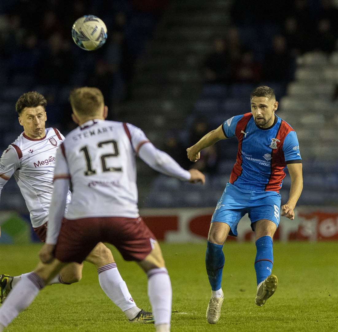 Picture - Ken Macpherson. Inverness CT(2) v Arbroath(0). 11/04/23. ICT’s Robbie Deas clears the ball past Arbroath's David Gold and Scott Stewart.