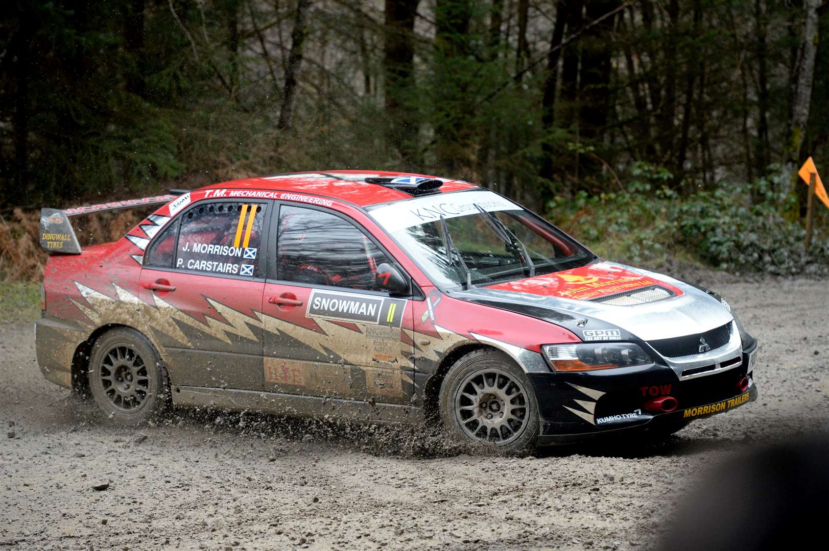 John Morrison from Conon Bridge and Peter Carstairs from St Andrews in their Mitsubishi Evo 9 at the Snowman Rally 2020. Picture: James MacKenzie.