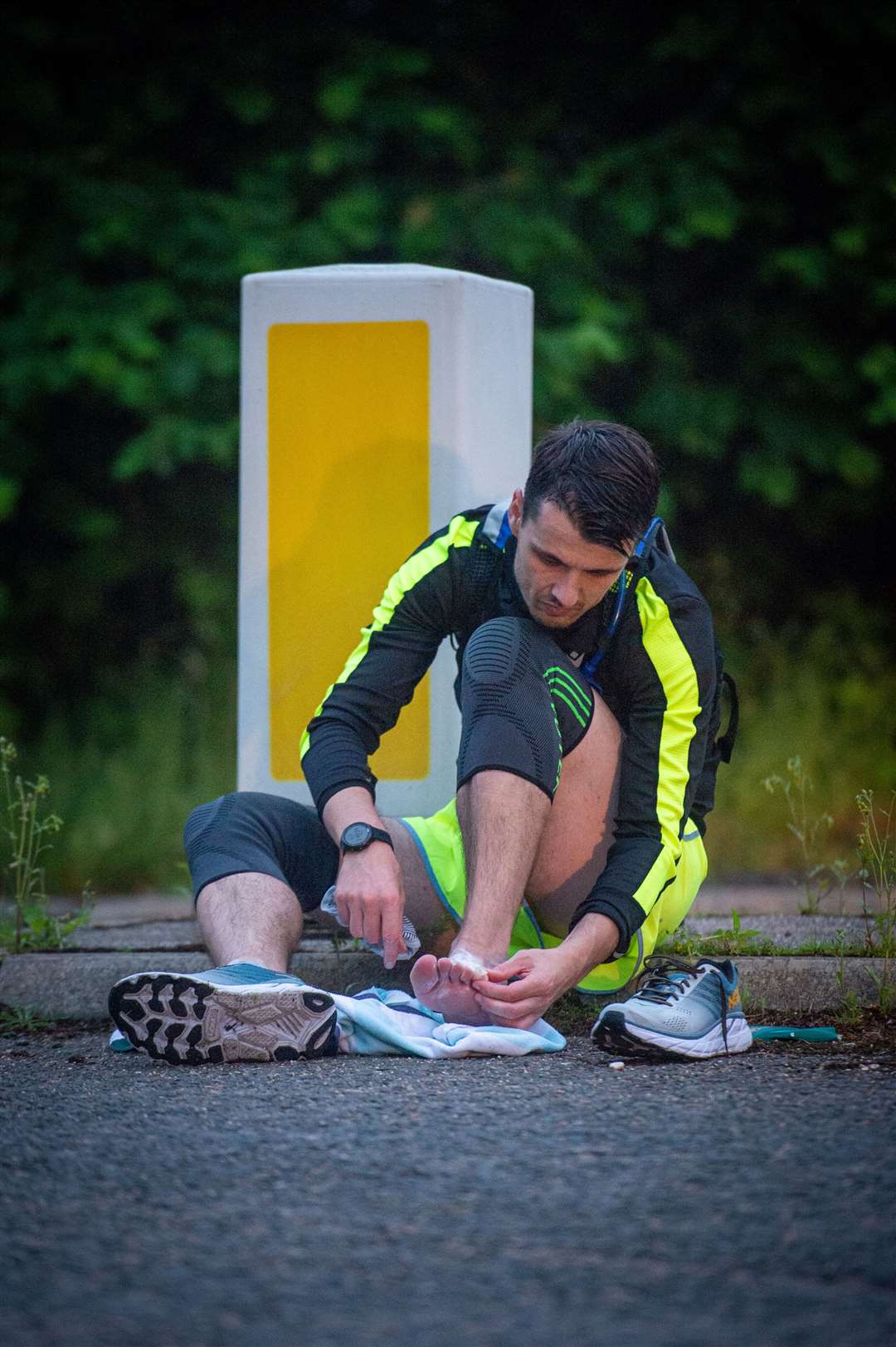 The Brora Rangers Team manager, Steven Mackay ran an ultra marthon of 80 miles in 24hrs to raise money for MFR cash for kids with the support of Craig Campbell and David Hind...Steven Mackay macking running repairs...Picture: Callum Mackay..