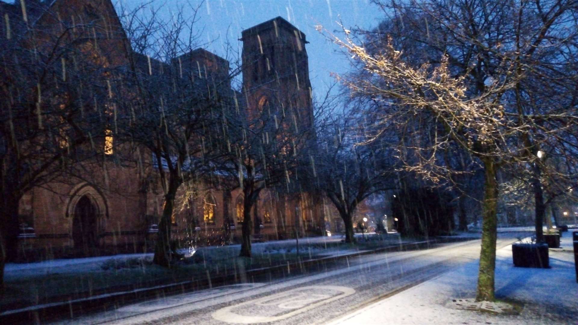 Snowy scenes at Inverness Cathedral shortly after 8am. Picture: Philip Murray.