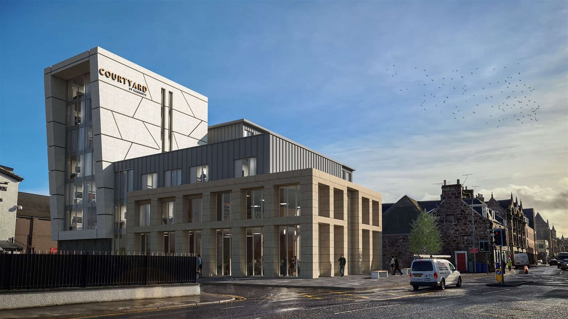 The redrawn proposal for a Courtyard By Marriott hotel at the Ironworks site on Academy Street in Inverness.