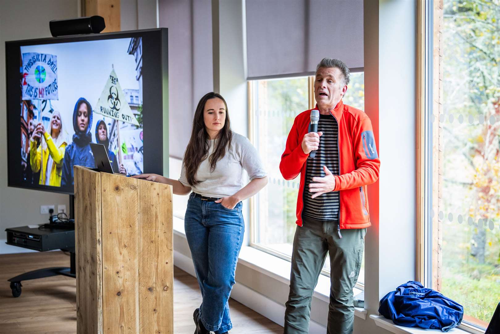 Chris Packham speaks to the crowd at the Dundreggan Rewilding Centre on Saturday alongside Megan McCubbin. Picture: Paul Campbell/Trees For Life