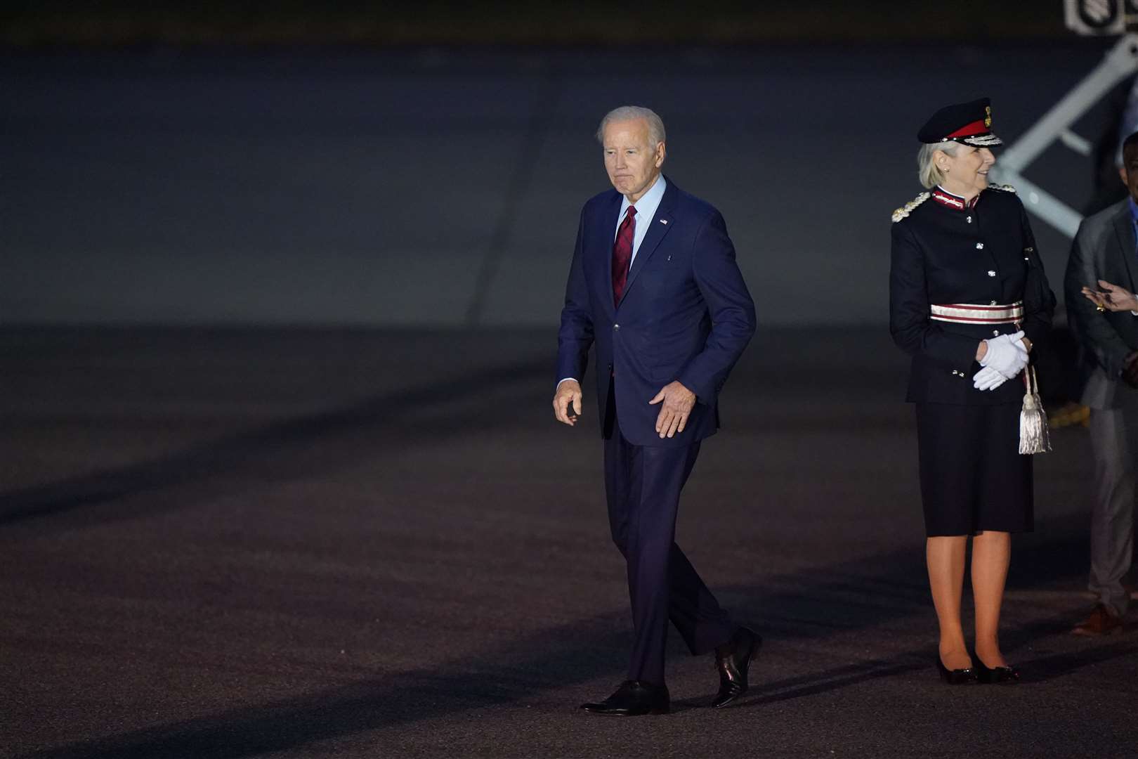 US president Joe Biden arrives on Air Force One at Stansted Airport (Joe Giddens/PA)