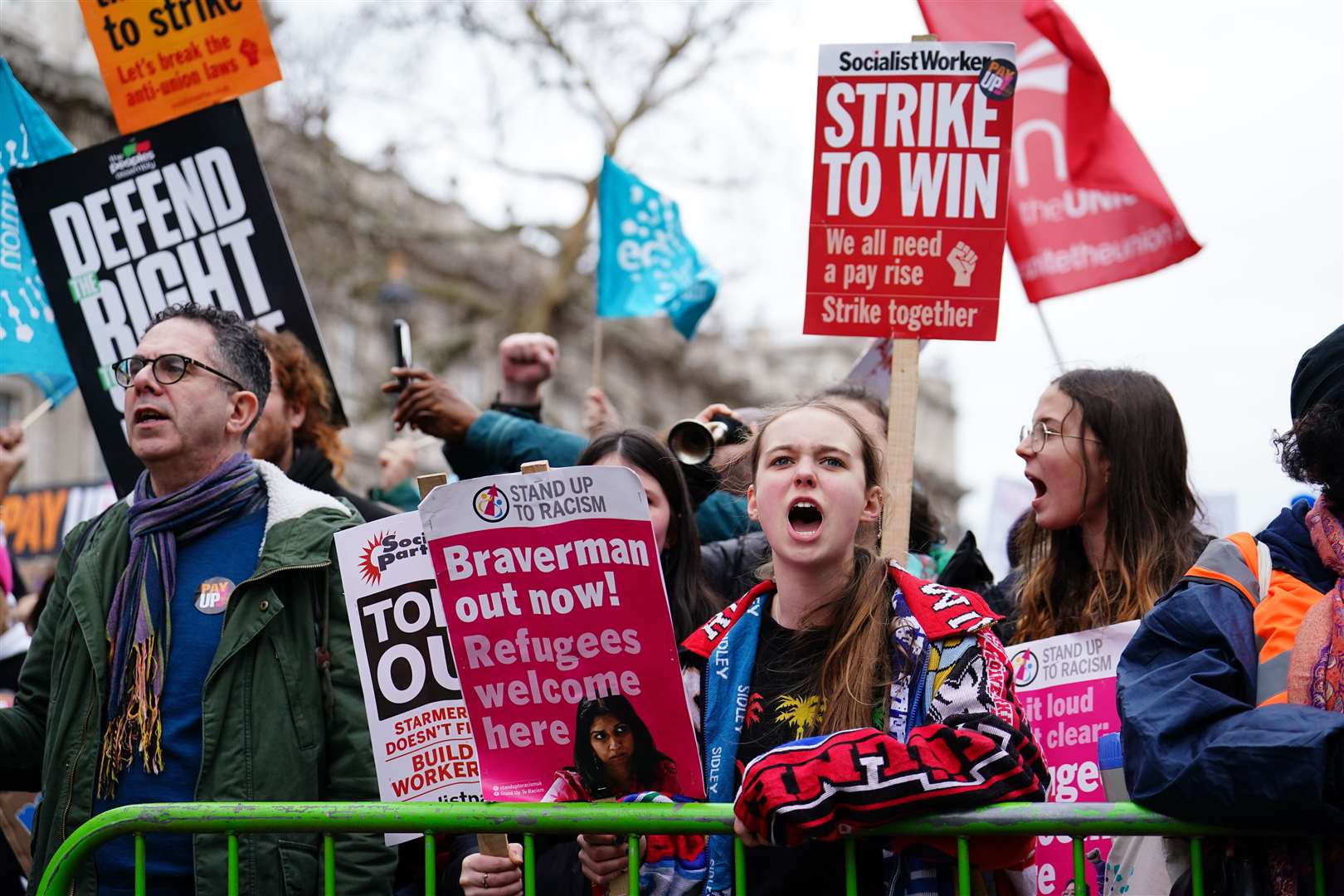 Protesters join the march to Westminster for a rally against the Government’s plans for a new law on minimum service levels during strikes (Jordan Pettitt/PA)
