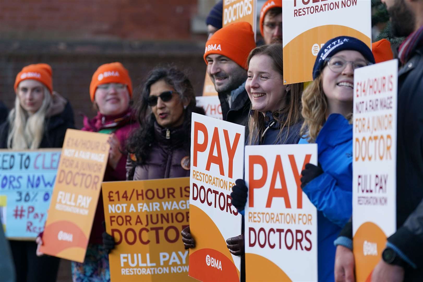 Striking NHS junior doctors on the picket line outside Leicester Royal Infirmary (Jacob King/PA)