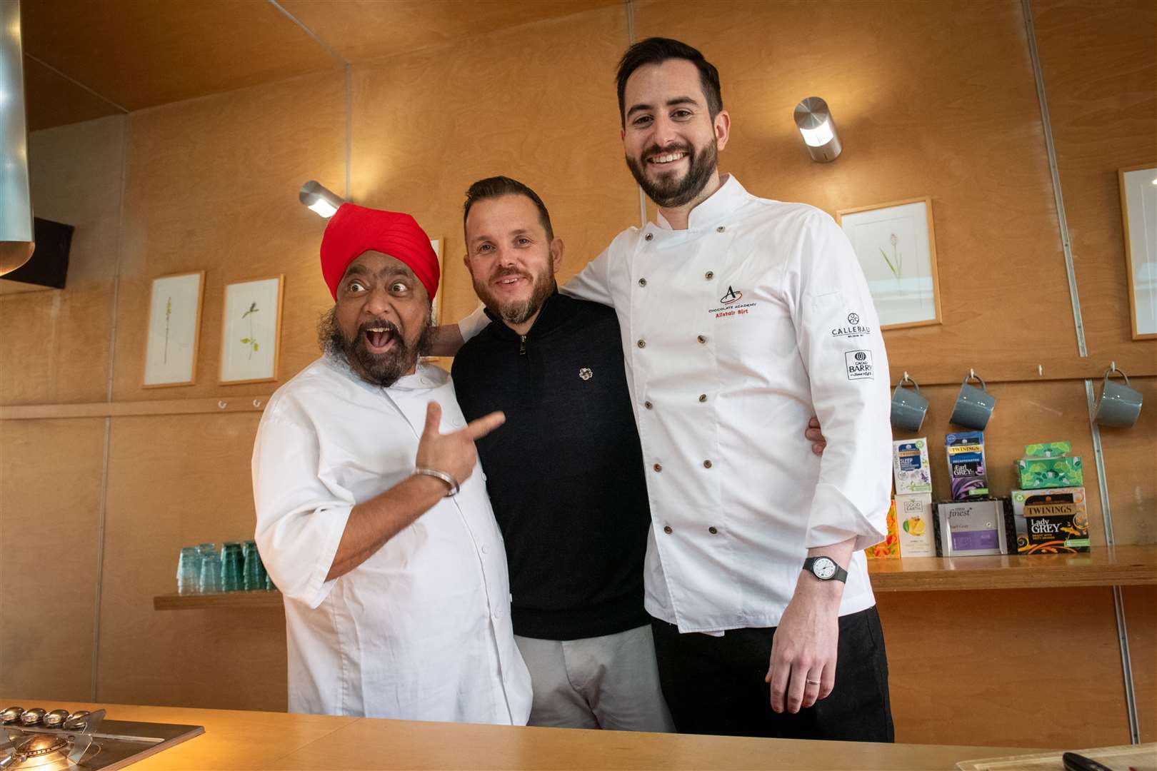 Tony Singh MBE, Andrew Benjamin (Centre Fundraising Manager), Alistair Birt (Senior head pastry chef Harrods). Picture: Callum Mackay..