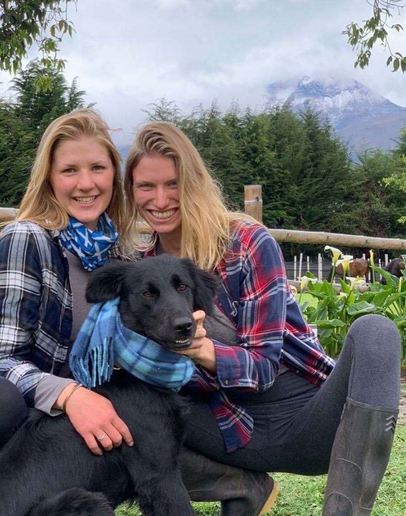 Vonnie Stevenson's daughter Charlie with friend Mira and dog Inca with the 4800m Corazon volcano in the background. The girls are doing the Kiltwalk for Marie Curie.