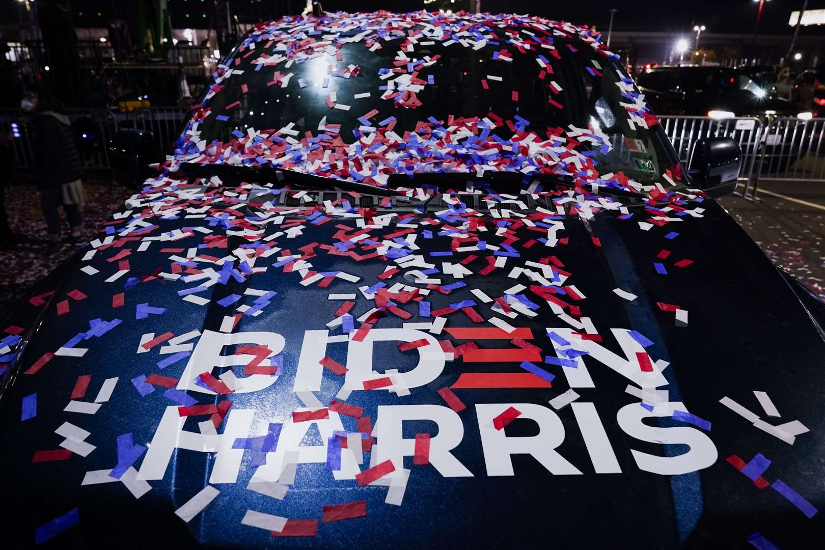 Confetti rests on a vehicle after President-elect Joe Biden’s speech (Andrew Harnik/AP)
