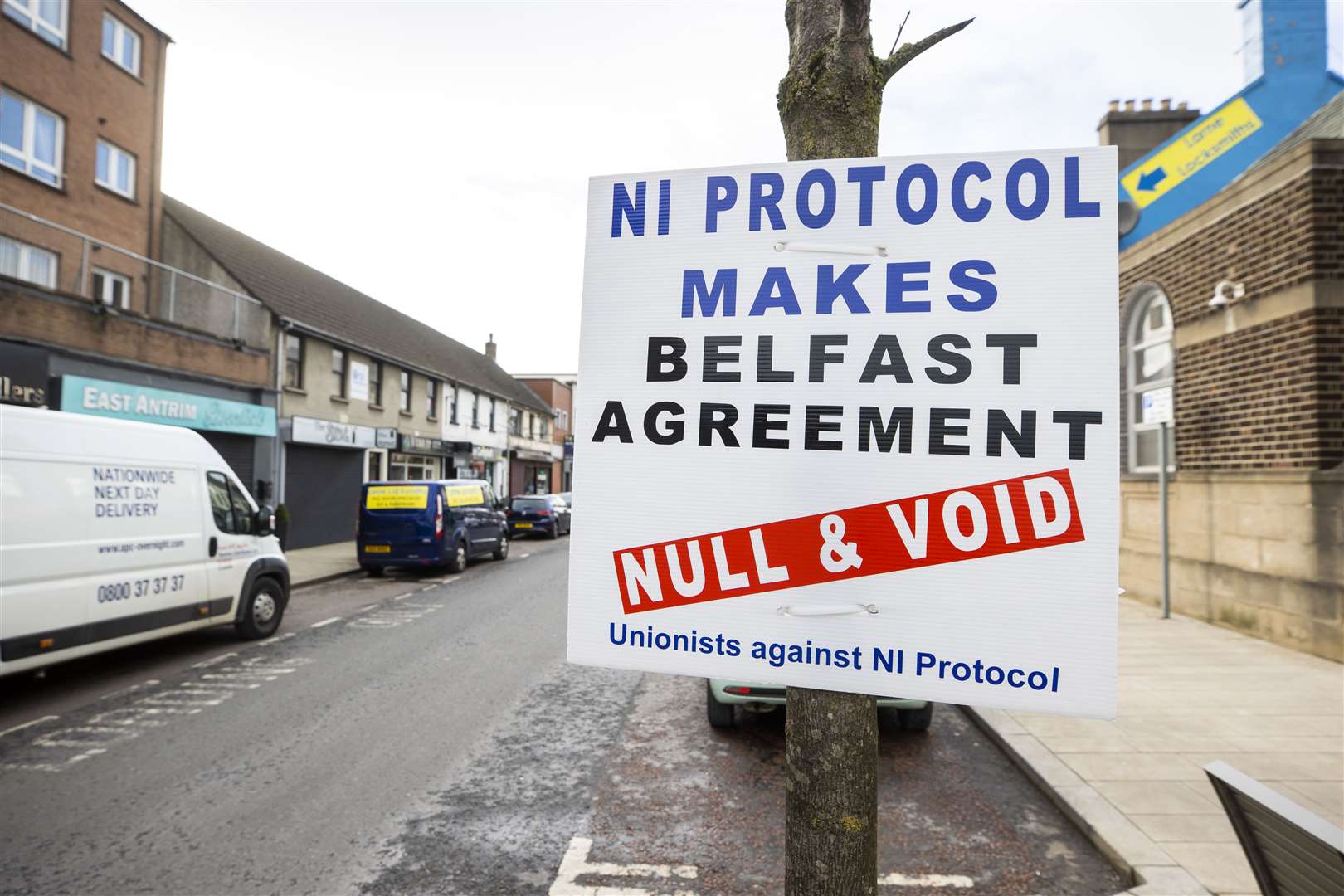 A sign in Larne protesting against the Northern Ireland Protocol (Liam McBurney/PA)