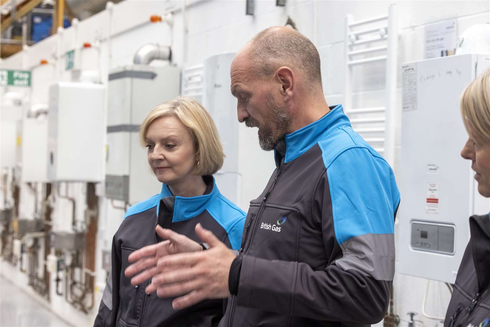 Centrica chief executive Chris O’Shea (right) with former prime minister Liz Truss during a visit to the British Gas training academy in Kent (Ian Vogler/Daily Mirror/PA)
