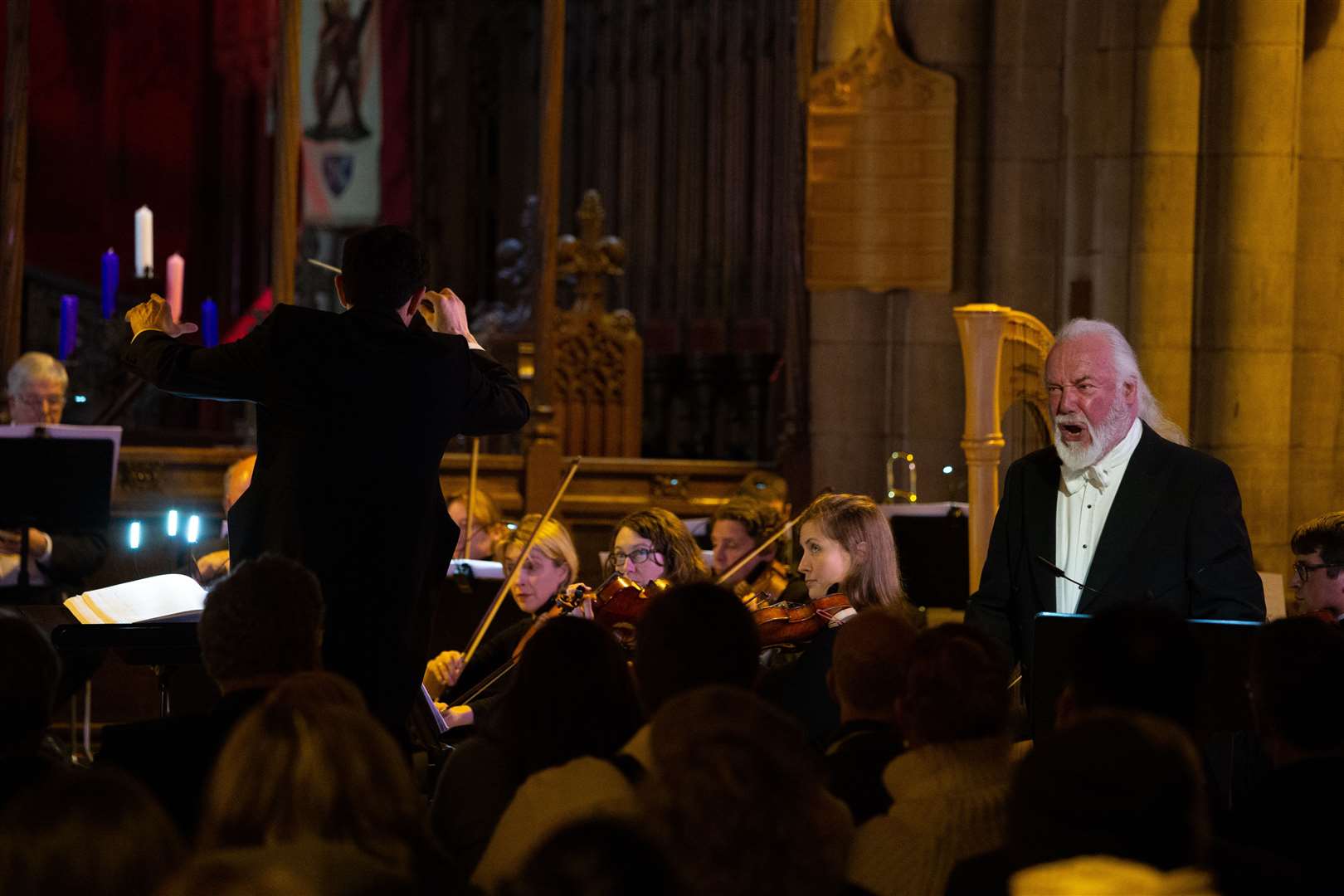 Mahler Players leader and conductor Tomas Leakey (left) and Sir John Tomlinson with the orchestra at Inverness Cathedral on Saturday. Picture: Sam Leakey