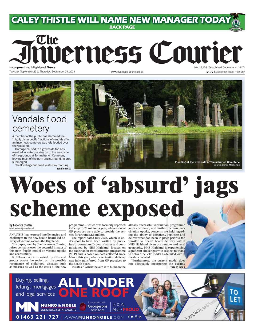 The Inverness Courier, September 26, front page.