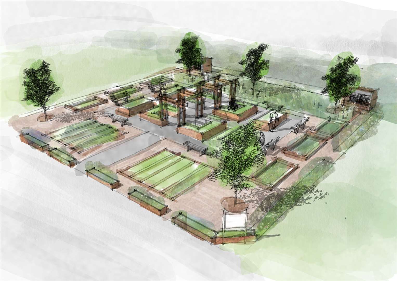 An artist's illustration of the indicative layout of the community garden being created by Holm Grown.