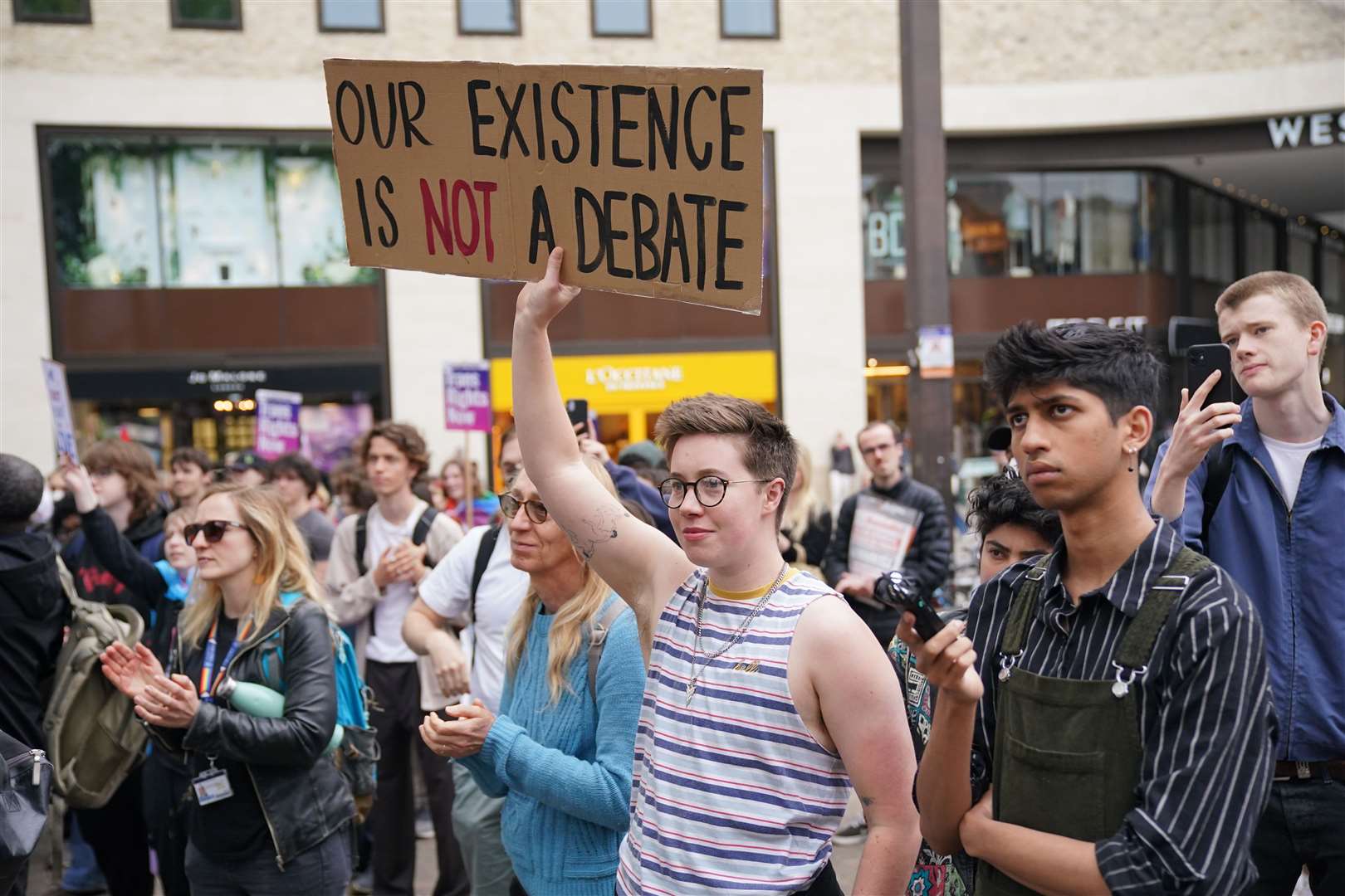 People protest in Oxford outside where Professor Kathleen Stock was talking (Jonathan Brady/PA)