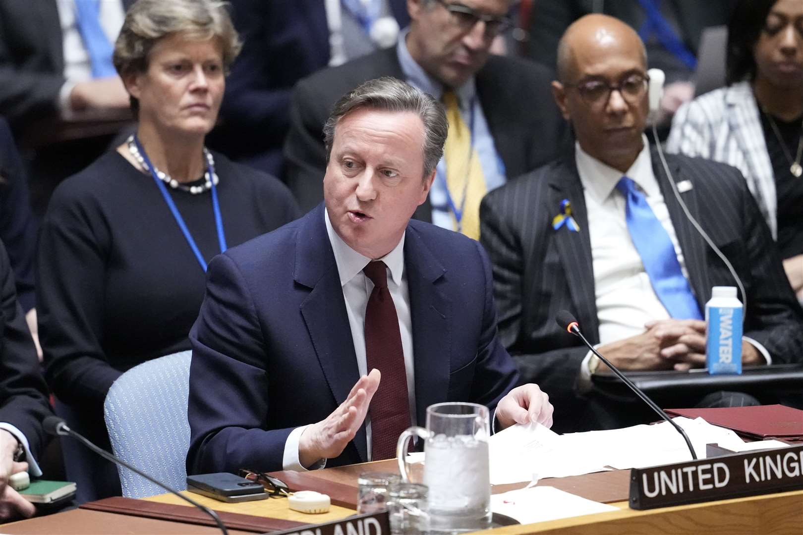 David Cameron addresses a Security Council meeting on maintenance of peace and security of Ukraine at the United Nations headquarters in New York (Mary Altaffer/AP)