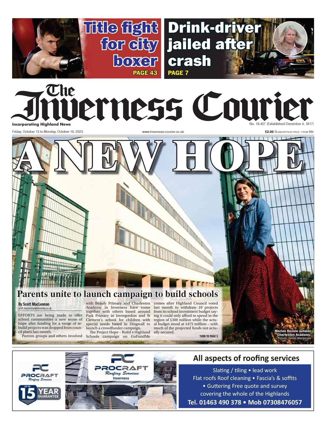 The Inverness Courier, October 13, front page.