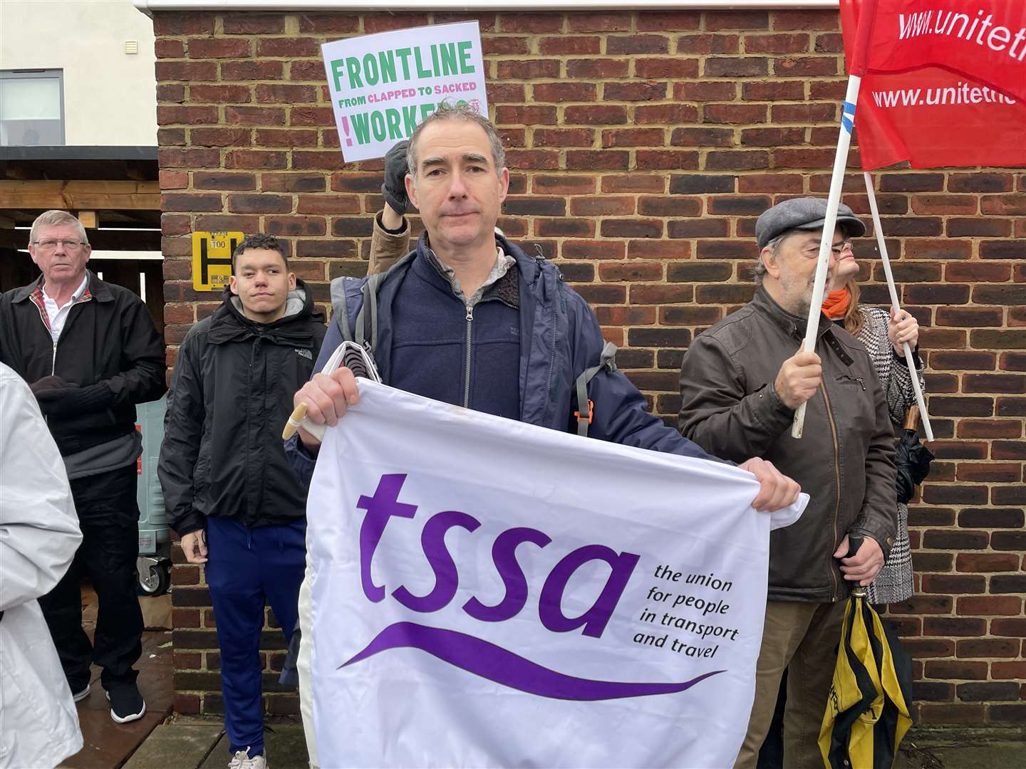 Dave Barnes, Network Rail worker and TSSA union rep, outside Grant Shapps’s constituency office in Welwyn Garden City in London (Danny Halpin/PA)