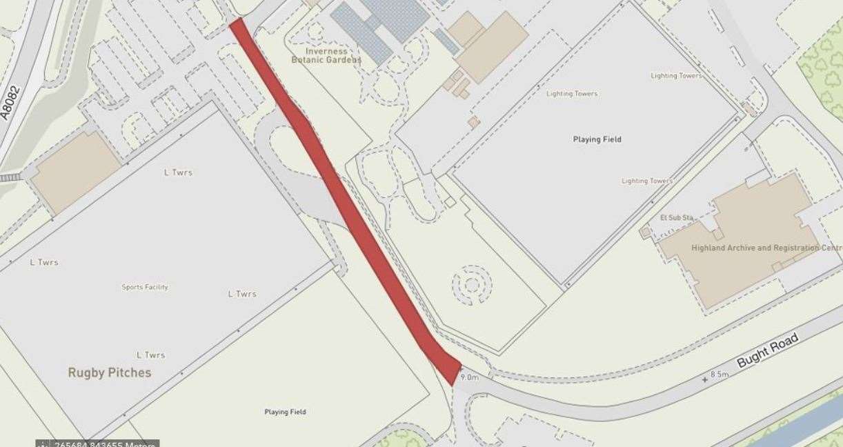 The section affected by the temporary one-way system is shaded in red. Picture: Highland Council.