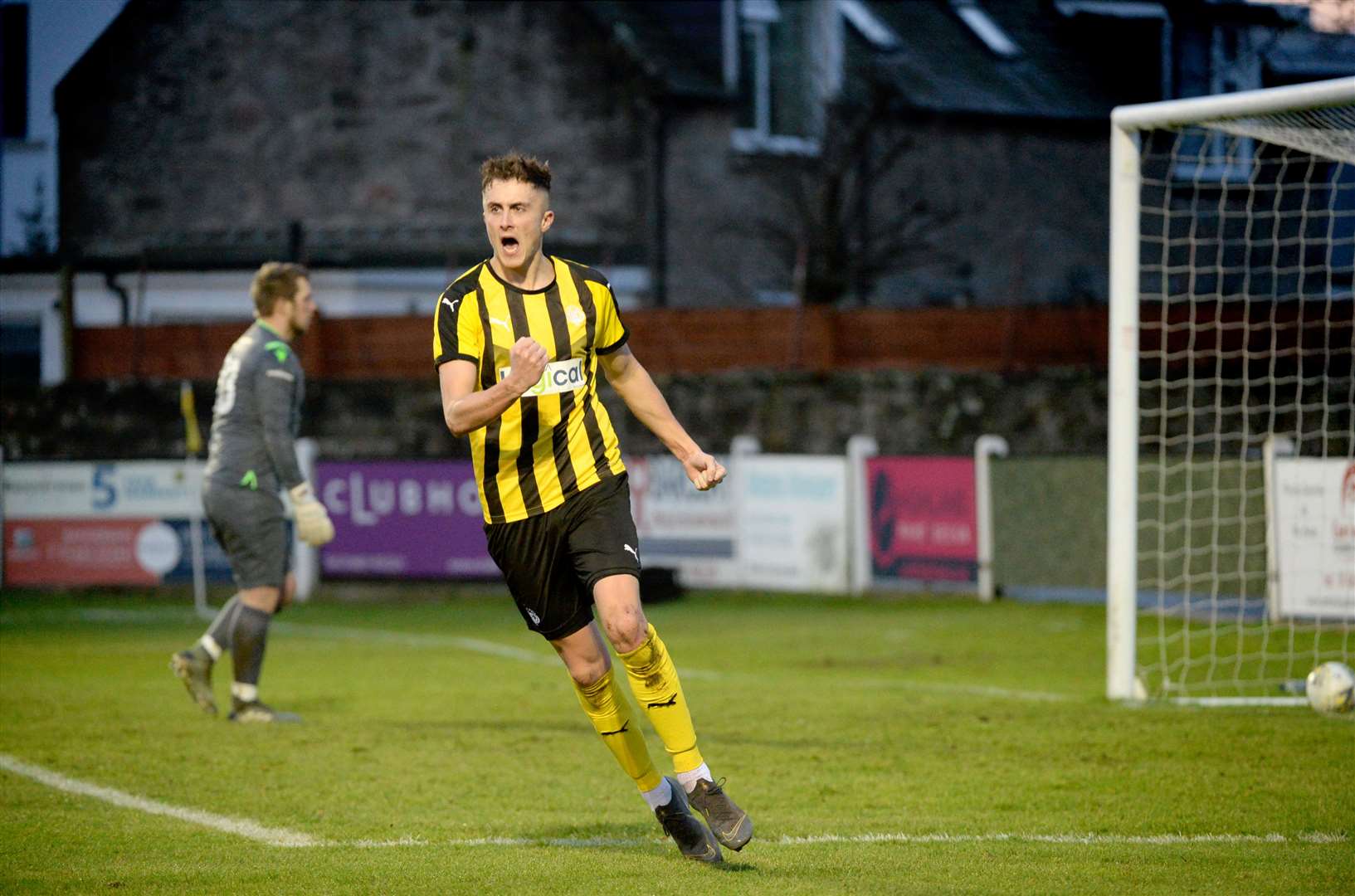 Nairn County v Inverurie Locos Jan 2020..Scottie Davidson celebrating after scoring the first goal for Nairn County..Picture: James MacKenzie..