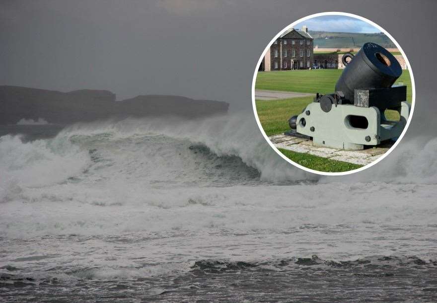 Storms have caused strong seas (file image). Inset: Fort George has been closed due to the high winds.