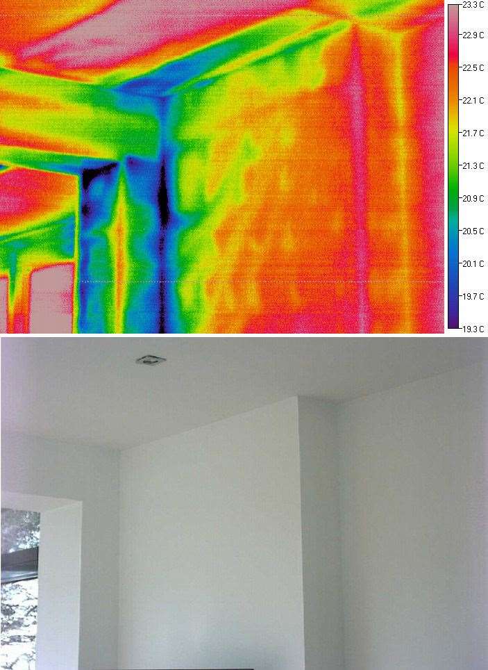 An example of thermal bypass. This is where cold air enters the fabric of the building, but not the house itself. Here, cold air from a join when a conservatory was added is getting in and through gaps in the insulation, cooling the wall and increasing the risk of condensation and mould.