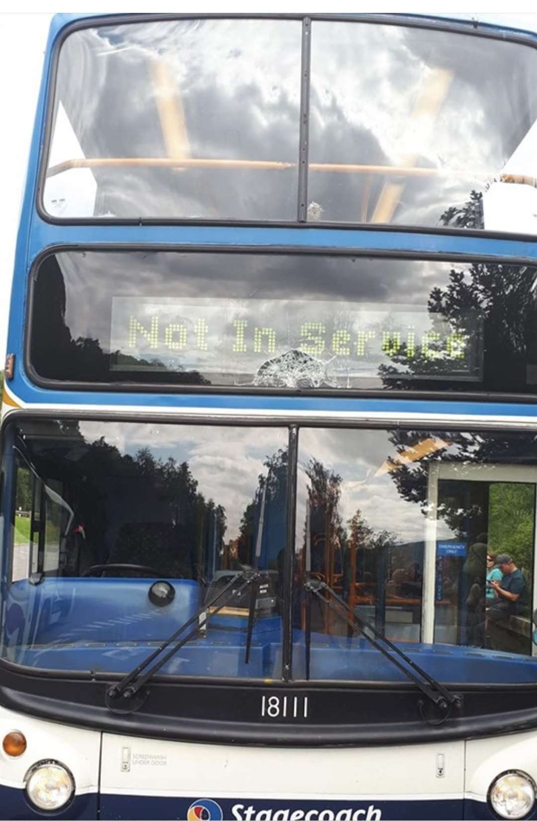 Damage to the front of a Stagecoach bus after a drone collided with it.