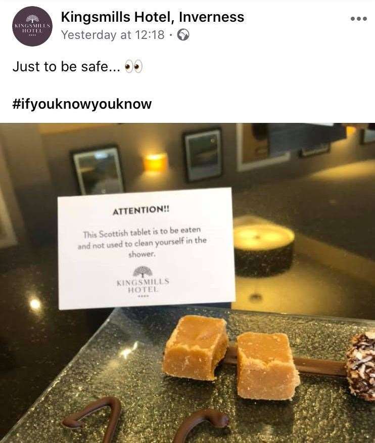 The Tweet posted by the Kingsmills Hotel advising guests that the tablets were to be eaten and not used as soap.