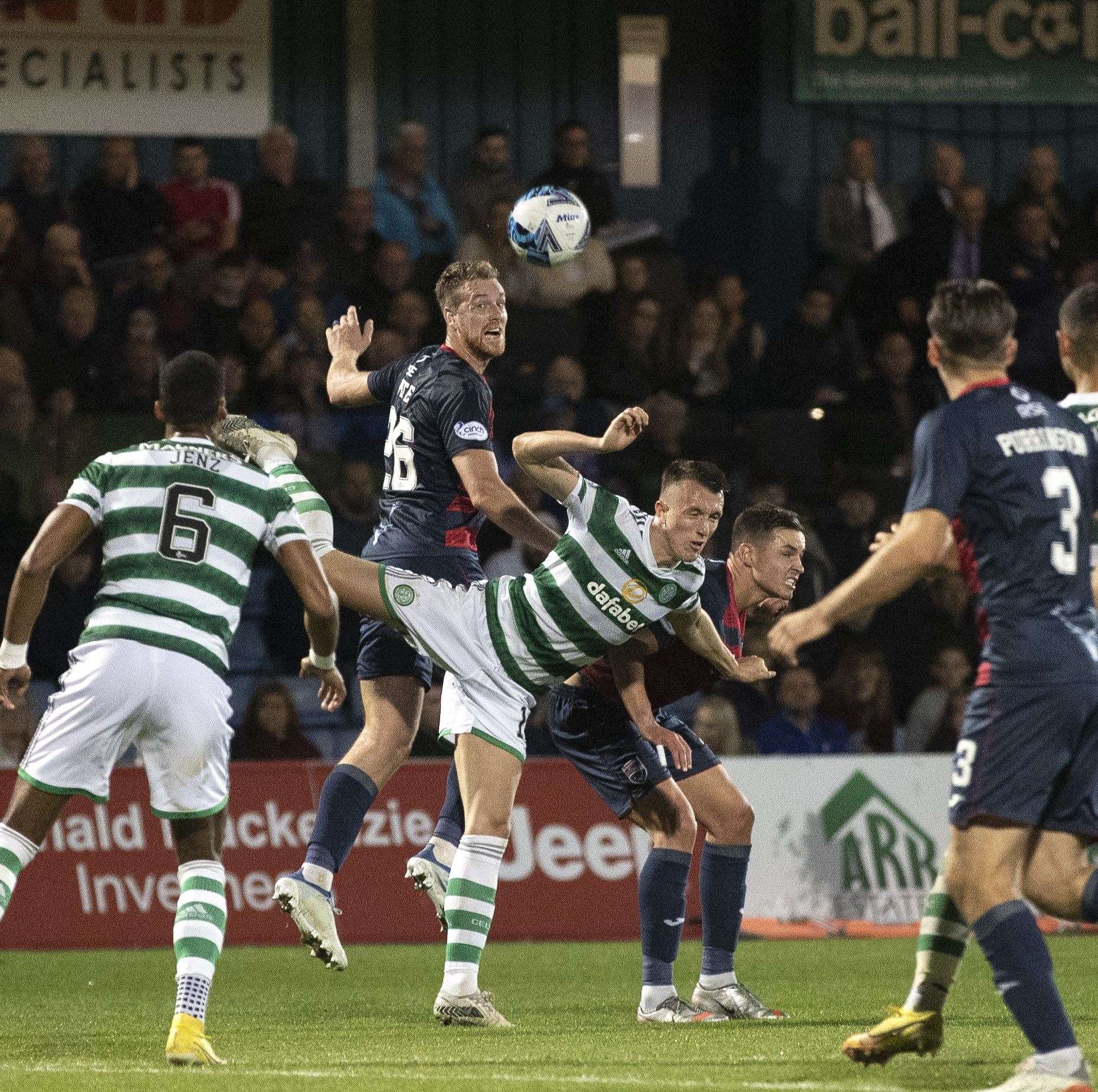 Jordan White was a constant threat for County in the air – as was the Staggies' defenders. Picture: Ken Macpherson