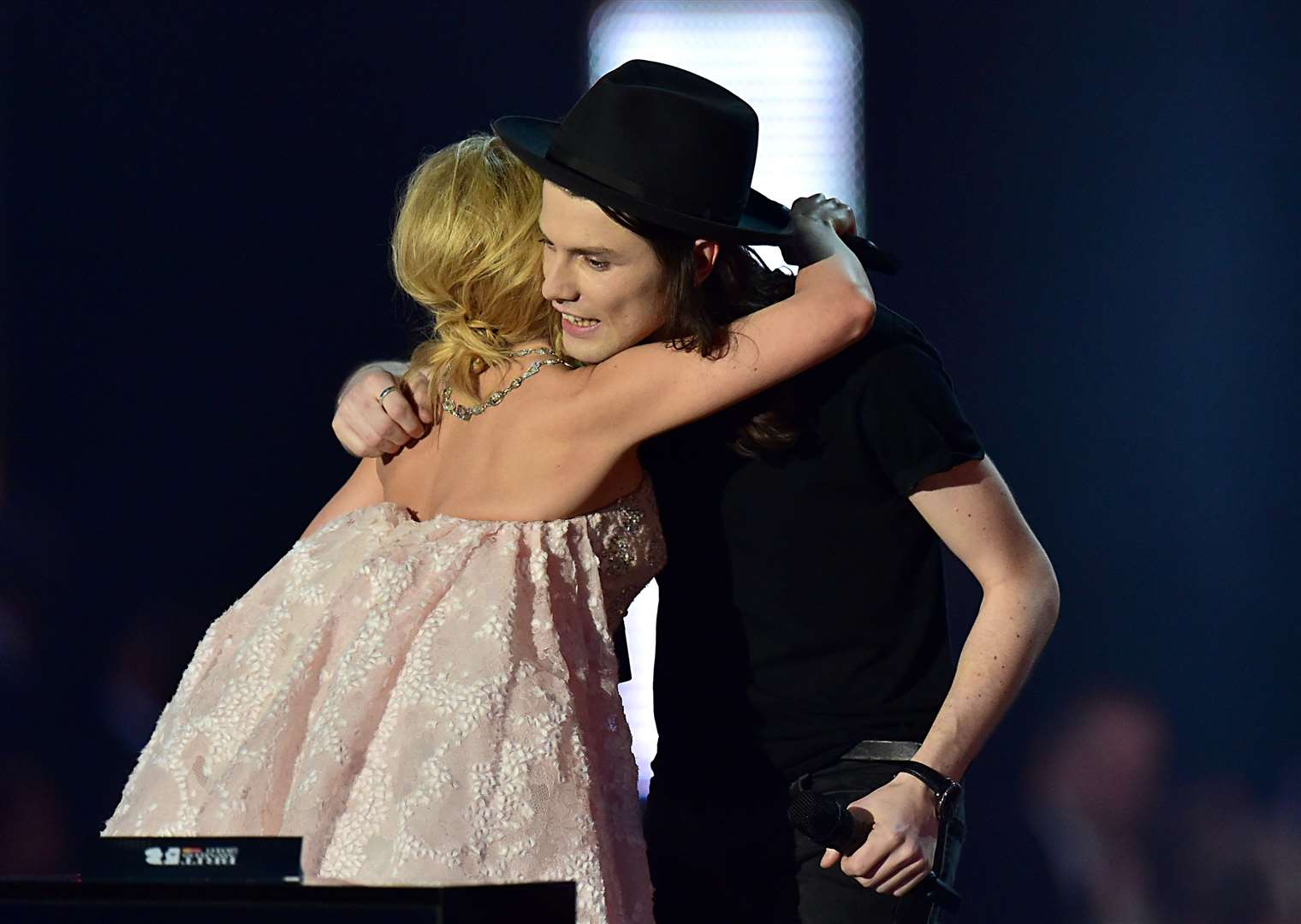 James Bay and Kylie Minogue on stage during the 2016 Brit Awards (Dominic Lipinski/PA)