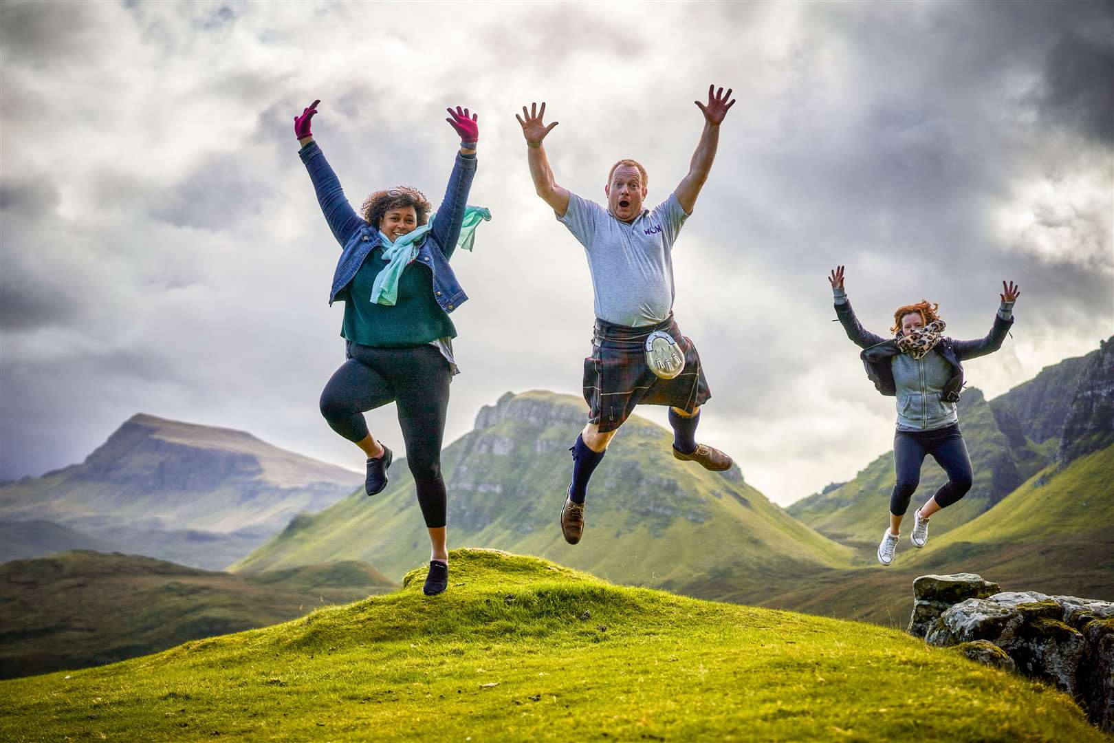 Gordon Pearson (centre), owner of WOW Scotland with two happy tour clients at the Quiraing on Skye. WOW Scotland won the Federation for Small Business' micro business of the year award 2020.