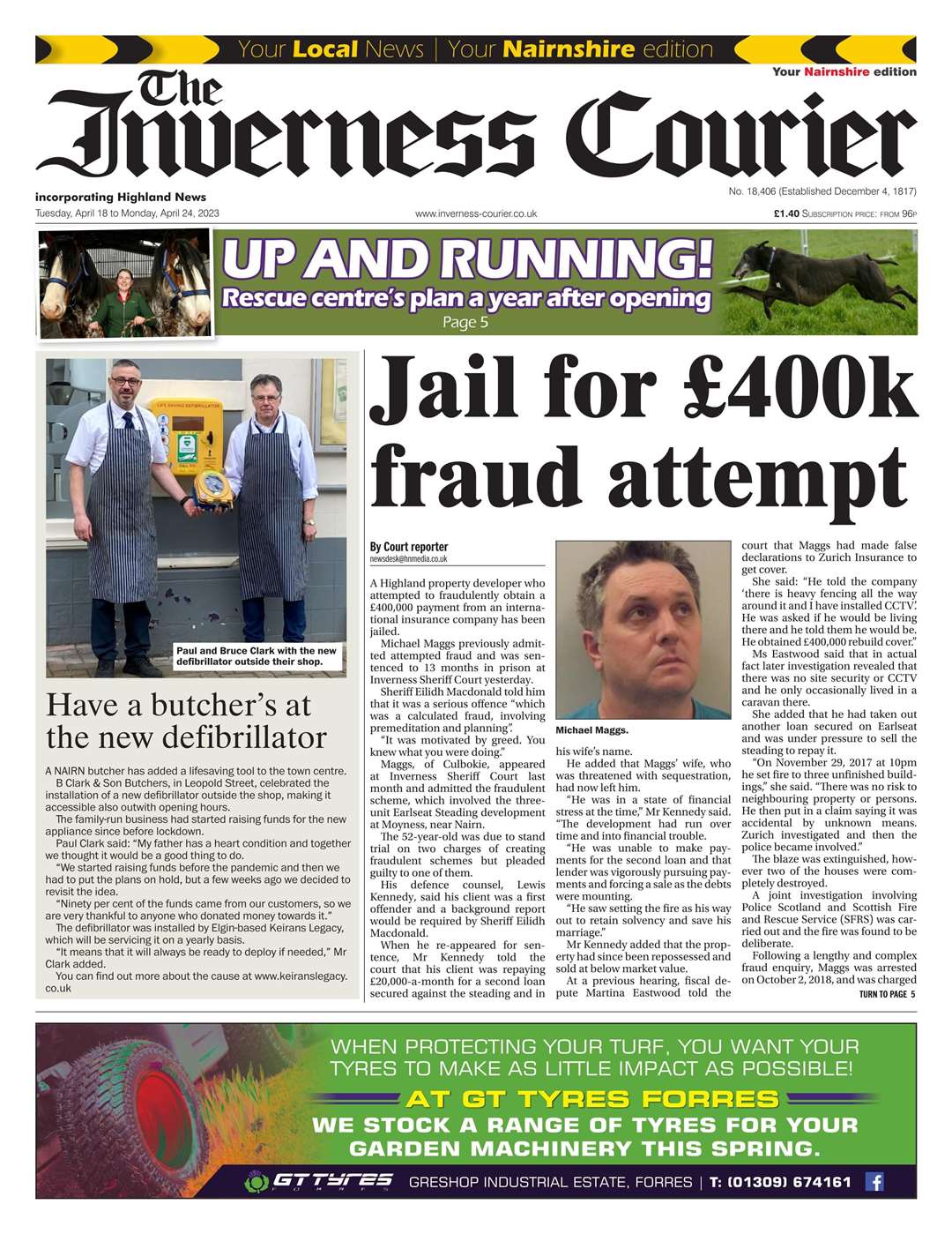 The Inverness Courier (Nairnshire edition), April 18, front page.