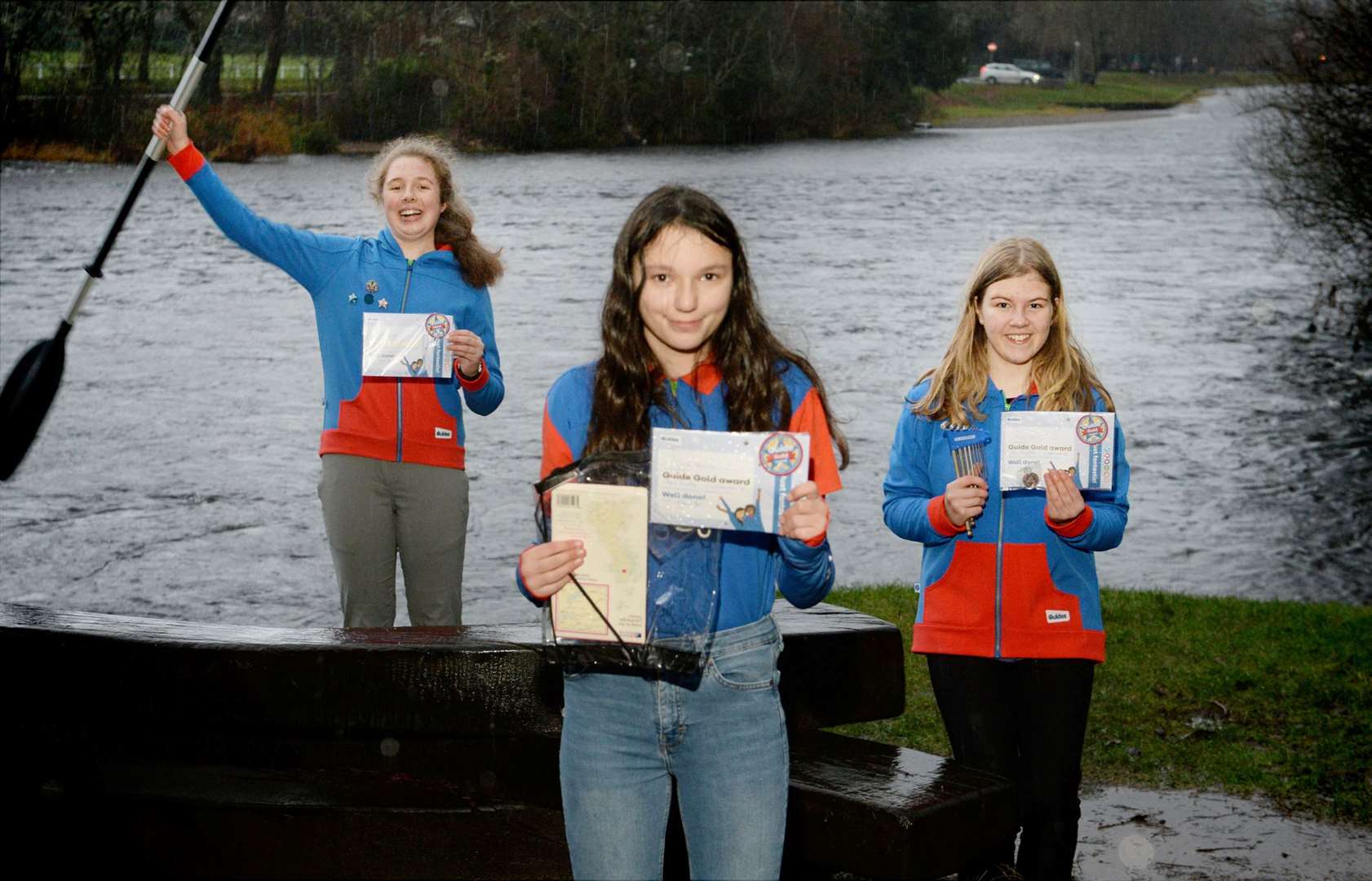 Eva Wight (15) from Fortrose Academy, Elena Hamilton (14) and Ailsa Young (13), both Inverness Royal Academy, with their Guiding Gold Awards. Picture: James Mackenzie