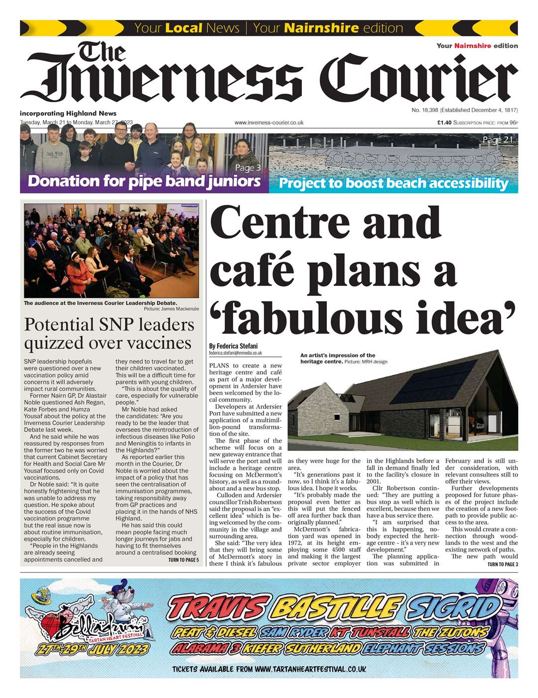 The Inverness Courier (Nairnshire edition), March 21, front page.