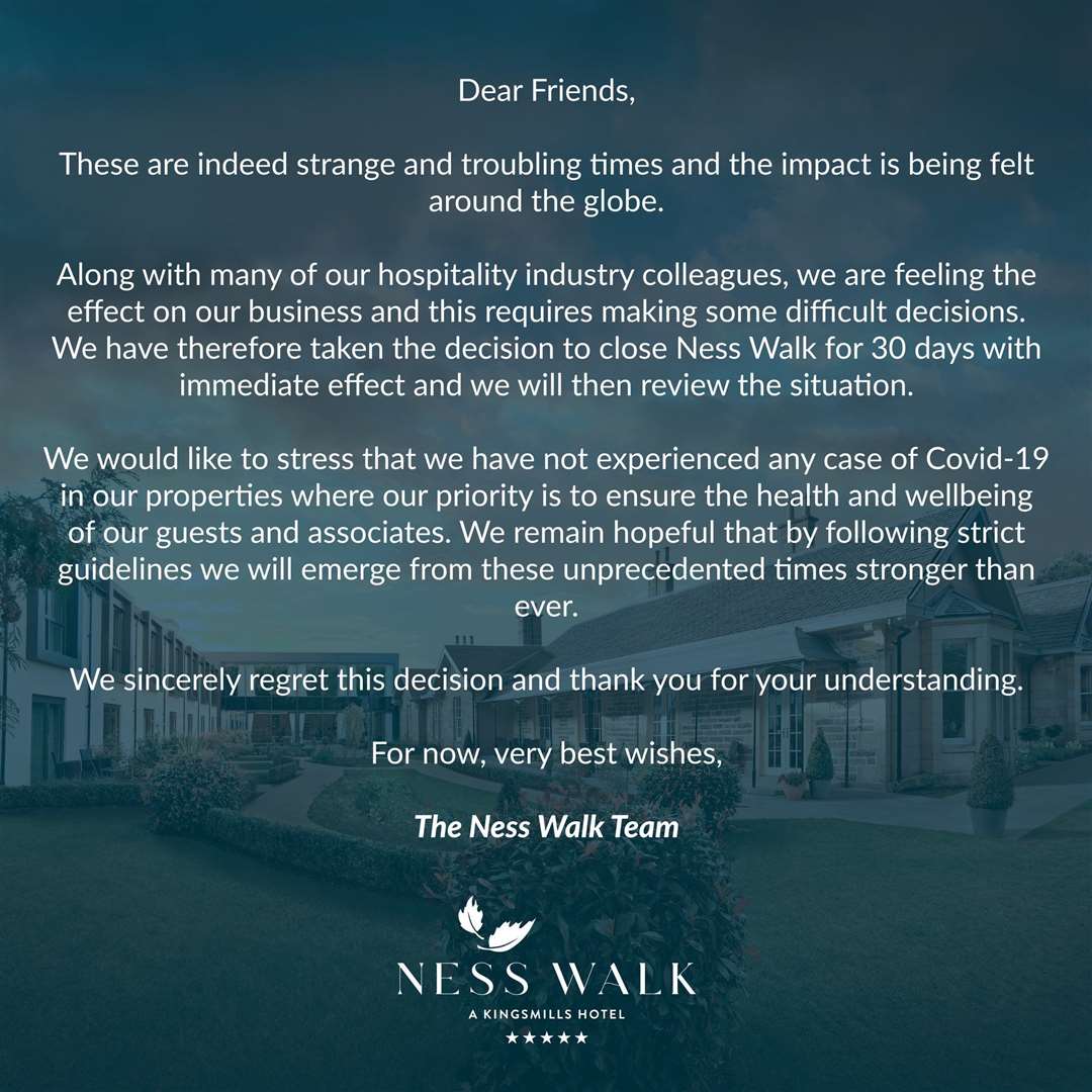 The notice posted on Twitter by the Ness Walk Hotel.