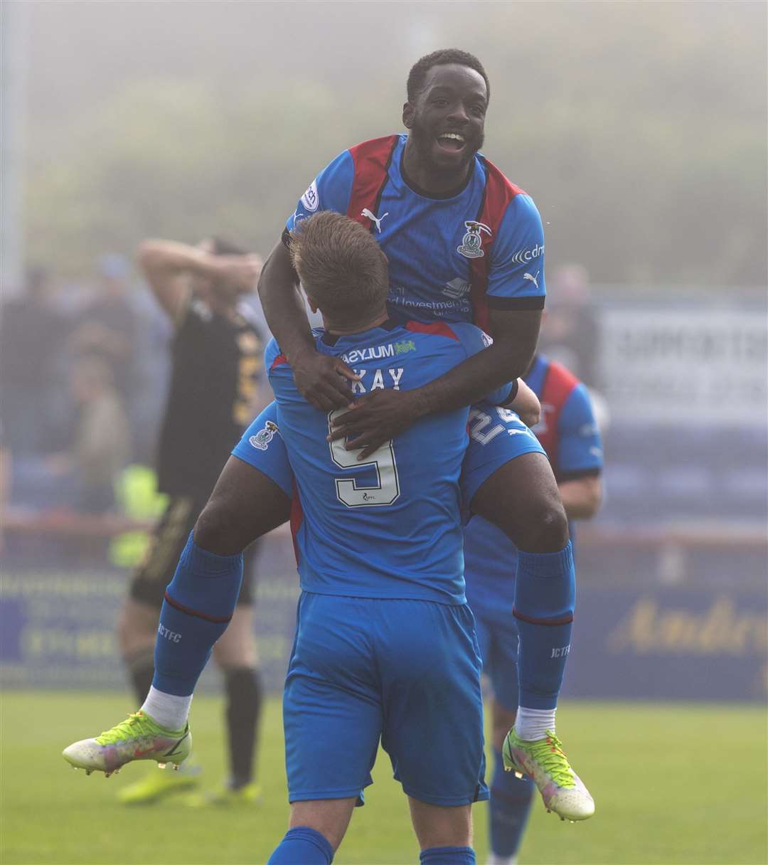 Austin Samuels, celebrating a second goal against Cove Rangers in August, may not be risked this weekend despite being a listed sub at Morton for the first time since September.