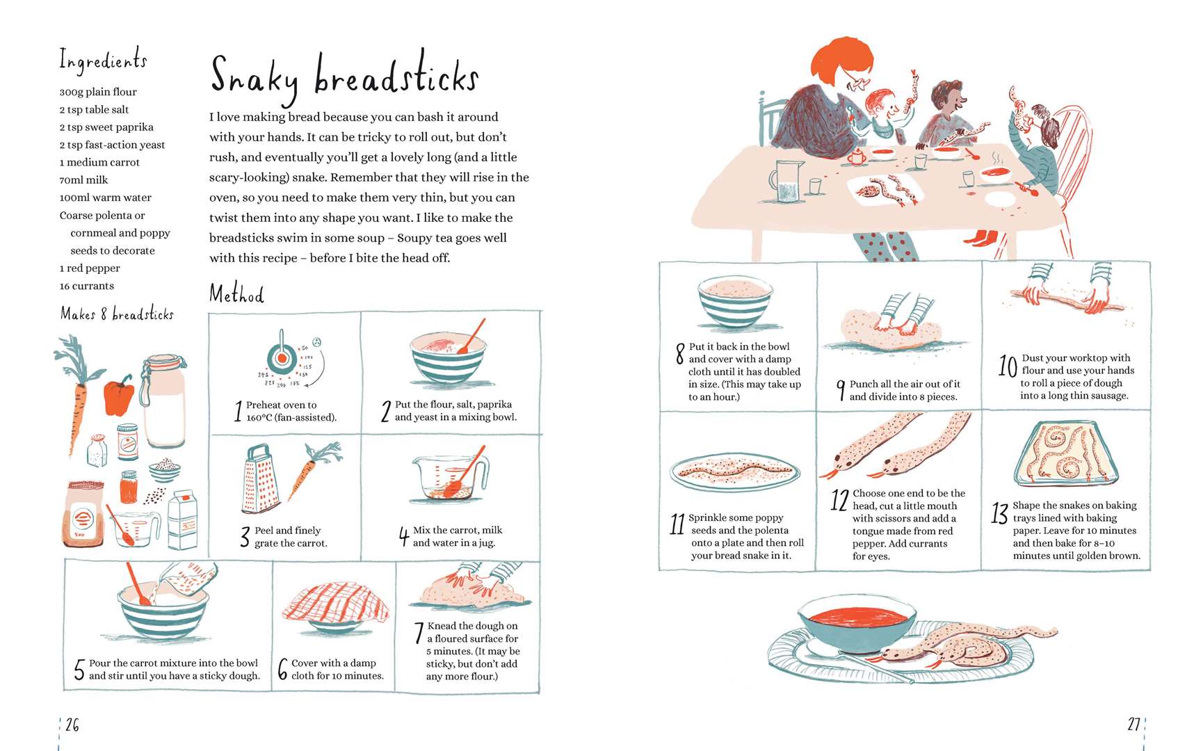 Snakey Breadsticks recipe from My First Cookbook by David Atherton, illustrated by Rachel Stubbs. Picture: Text © 2020 Nomadbaker Ltd/Illustrations © 2020 Rachel Stubbs/Additional Illustrations © 2020 Walker Books Ltd/PA