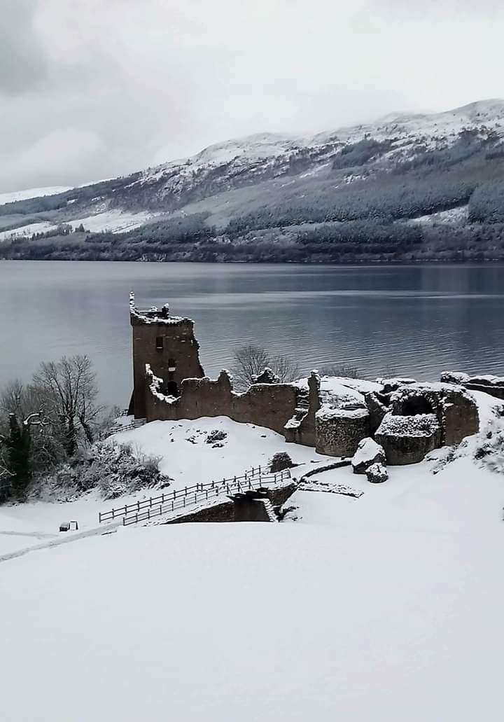 Urquhart Castle in the snow.