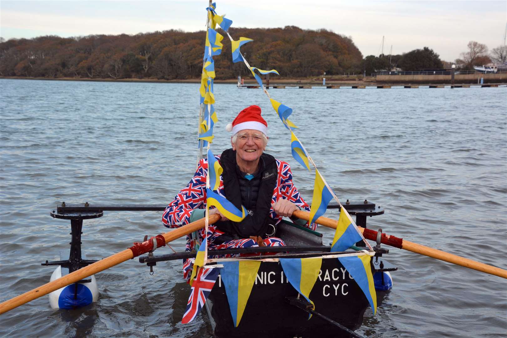 Michael Stanley, known as ‘Major Mick’ completes his Tintanic rowing charity challenge at Chichester Yacht Club, Birdham (Ben Mitchell/PA)