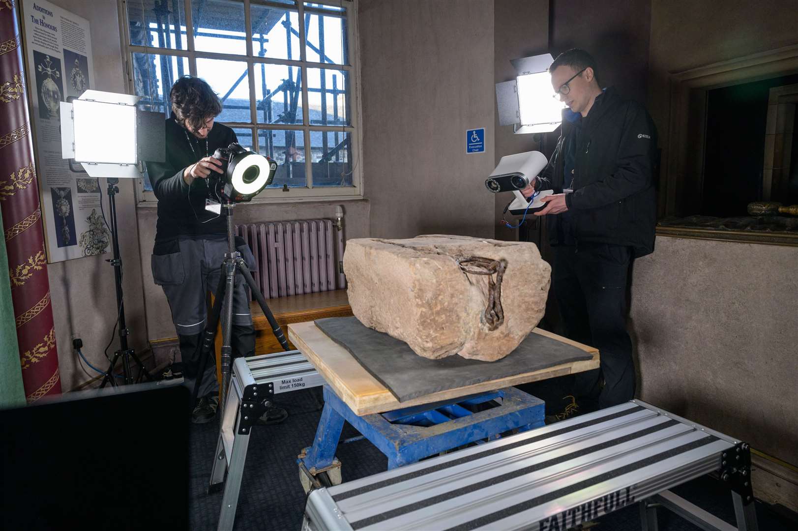 Conservation and digital documentation teams working on the 3D scan (Historic Environment Scotland/Santiago Arribas Pena/PA)